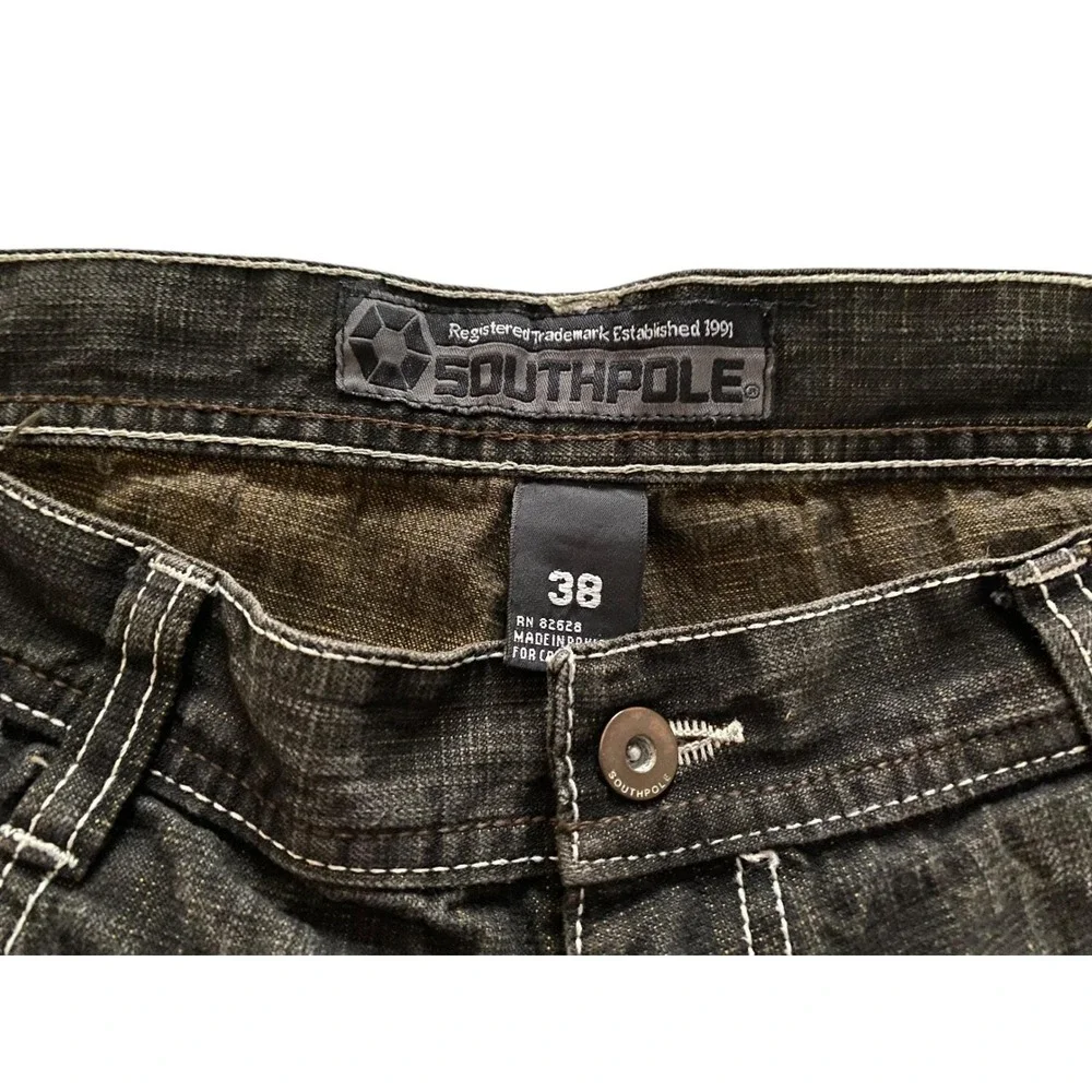 Southpole Mens Baggy Jeans Black Distressed Contrast Stitch Y2K Size 38x29